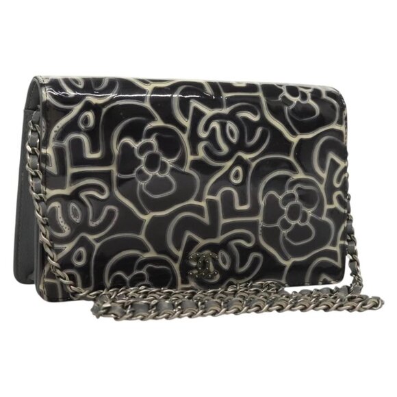 CHANEL Camellia COCO Mark Chain Wallet Patent leather Gray CC Auth PP850 - Picture 1 of 15